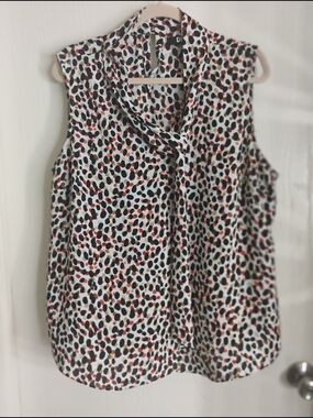 Dkny White Sleeveless Tie-Neck Camisole with Black and Rust Spot Print